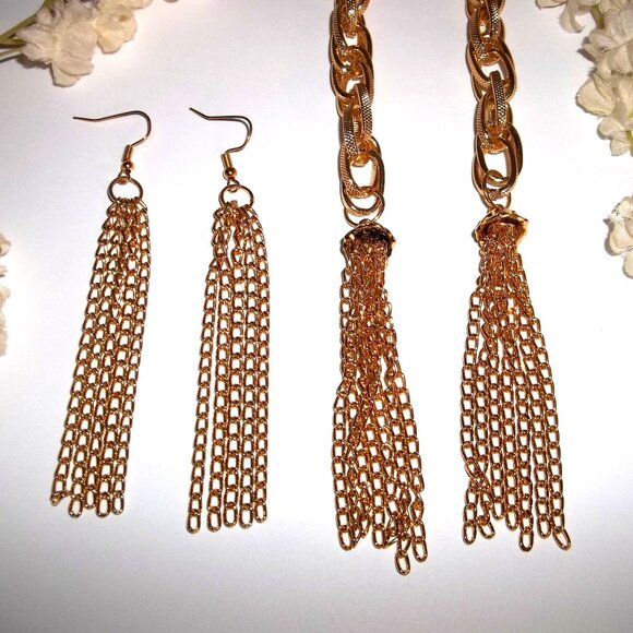 Fashion Jewelry Jewelry - Gold Earrings and Necklace Scarf Costume Fashion Jewelry Tassel Set Lot C720